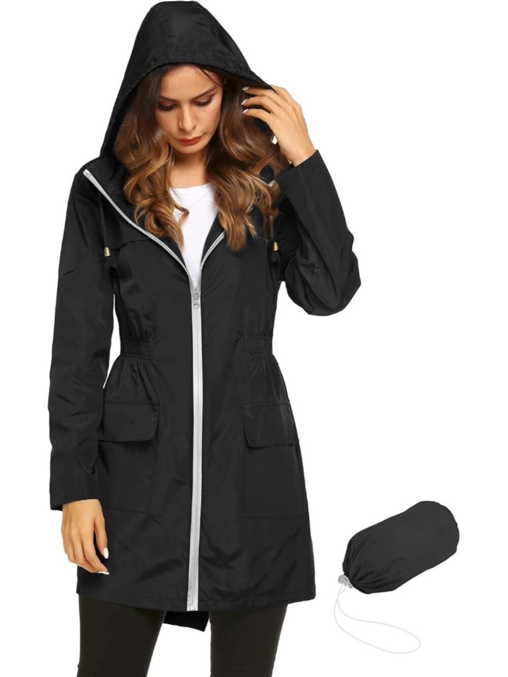 Women's Black Solid Packable Hooded Active Front Pockets Waterproof Trench Coat